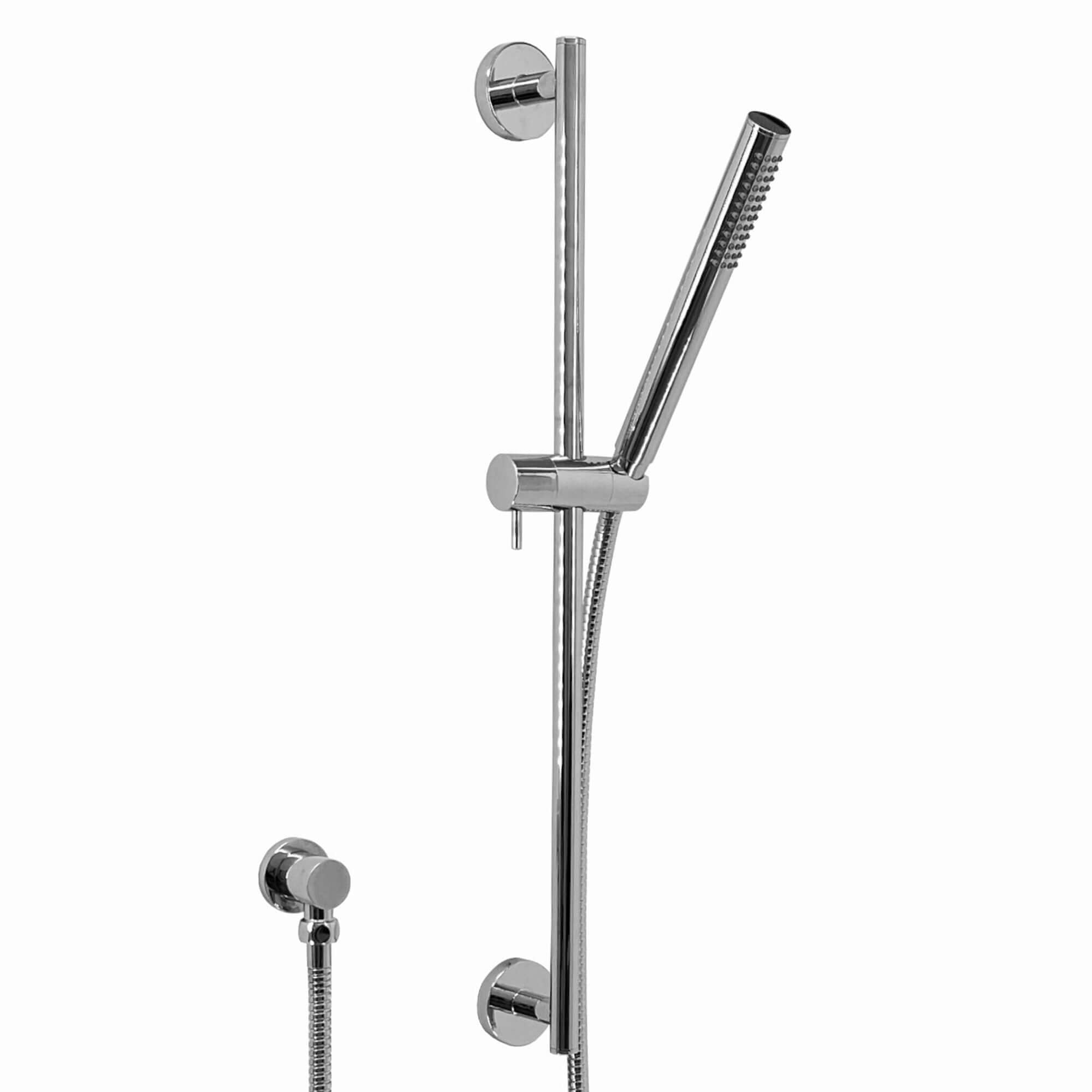 Contemporary Shower Slider Riser Rail Kit With Pencil Shower Head, Hose and Wall Elbow - Chrome - Showers